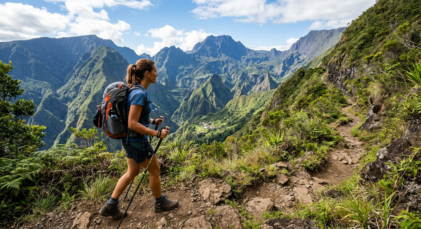 Randonneur sur un sentier de montagne a La Reunion
